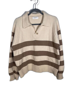CARLY JEAN LOS ANGELES WOMENS SWEATER PULLOVER CREAM BROWN STRIPES LARGE